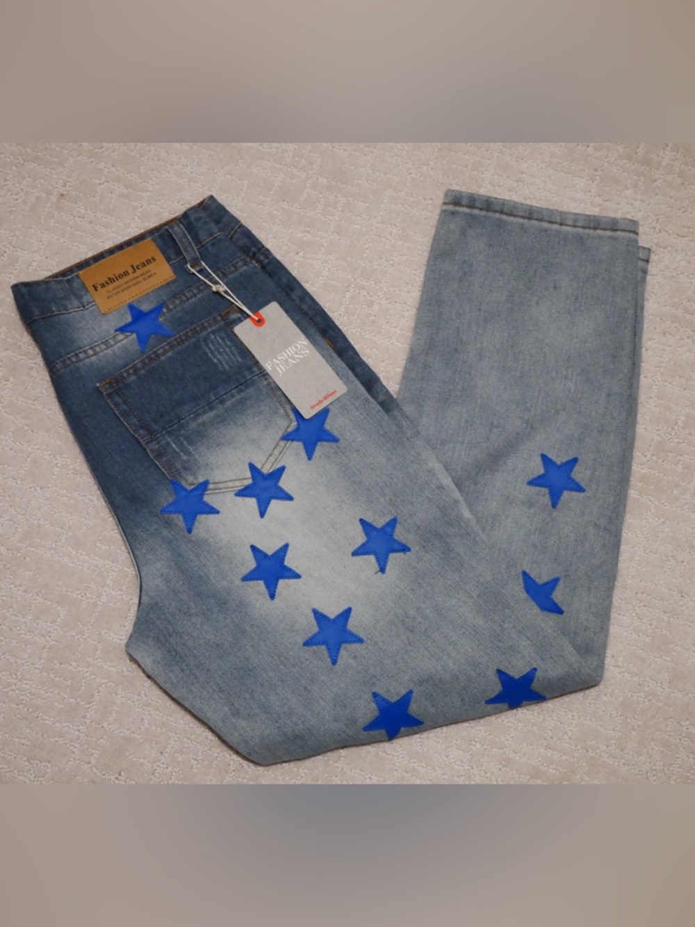 Fashion Jeans Blue Star Applique Distressed Light Wash Straight Leg Denim‎ NEW